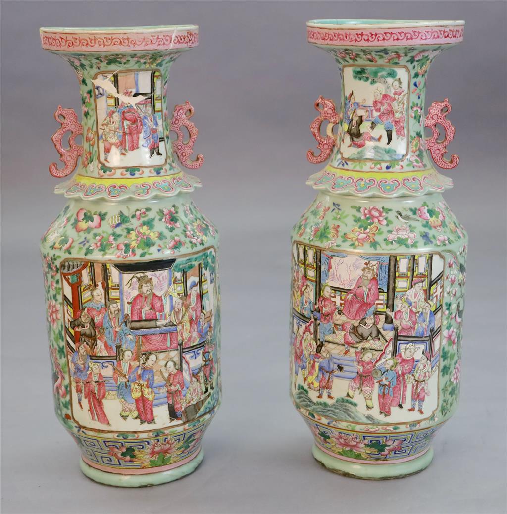 A pair of large Chinese celadon ground famille rose two handled vases, second half 19th century, 62.5cm high